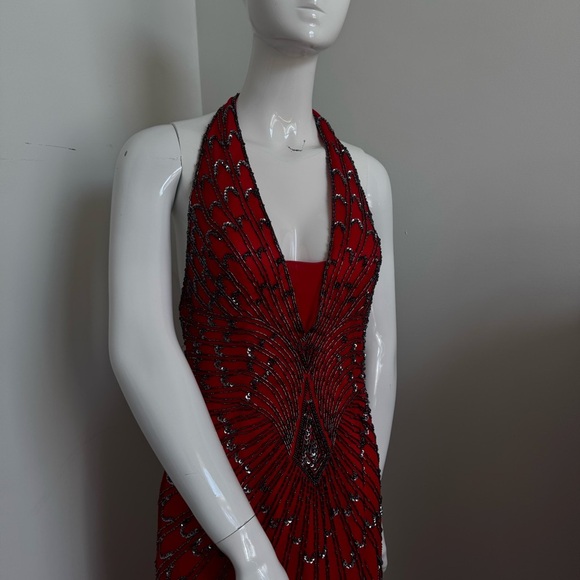 Vintage Red Beaded Gown Art Deco Revival Halter Dress | Old Hollywood Glamour 4 - Picture 4 of 12